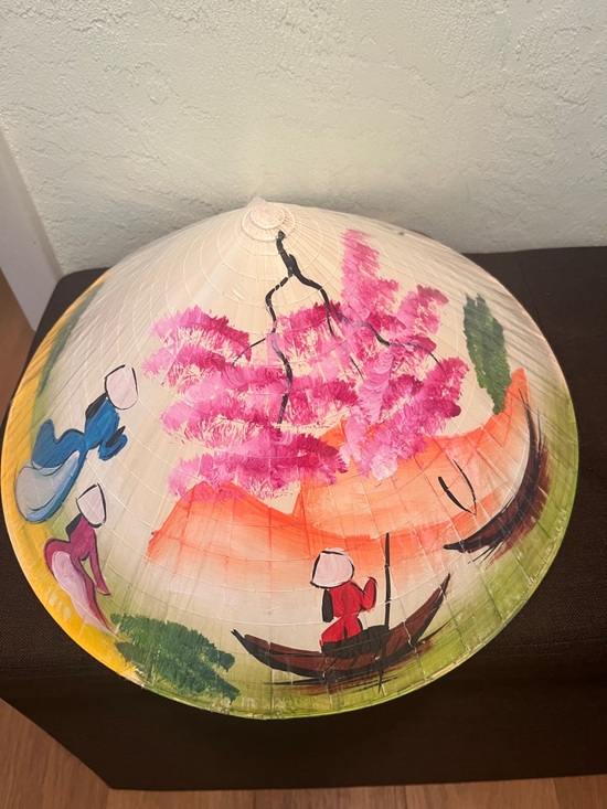 Vintage Vietnamese Hat Accessories - #1679** Hand-Painted Conical Asian Sun Hat - Pink Blossom Design